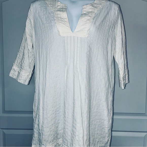 Lands End 100% Cotton White V-neck 3/4 Sleeve Pintuck Dress Size Large 14/16 - Picture 1 of 8